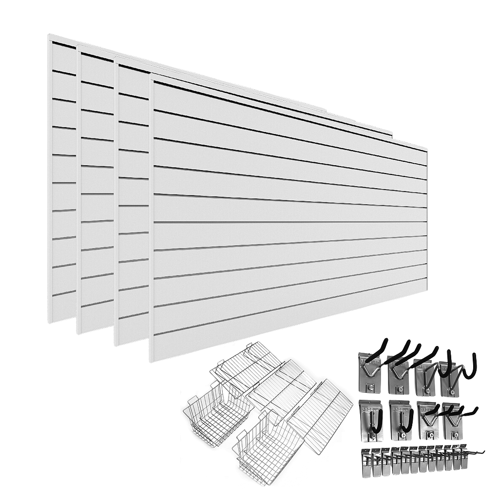 White 4 Pack - 8 ft. x 4 ft. PVC Slatwall with 11009